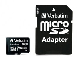 16GB microSD Class10 A1 UHS-I + SD adapter Verbatim Premium microSDHC, 600x, Up to: 90MB/s
