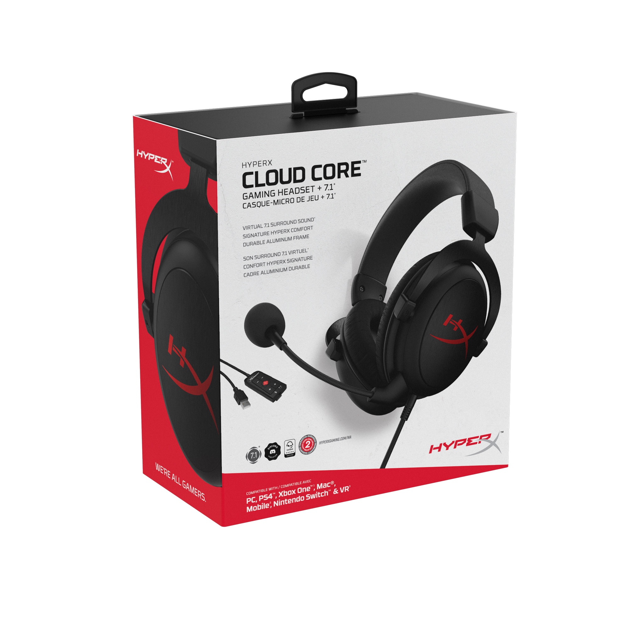 Headset HyperX Cloud Core 7.1, Black, Solid aluminium build, Microphone: detachable, USB Surround Sound 7.1, Frequency response: 15Hz–25,000 Hz, Cable length:1m+2m extension, 3.5 jack, Pure Hi-Fi capable, Braided cable photo 2