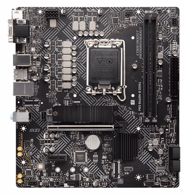 MSI PRO B660M-B DDR4, Socket 1700, Intel® B660 (12th Gen CPU), CPU graphics, VGA, HDMI, Dual 2xDDR4-4600, 1xPCIe X16 4.0, 4xSATA3, RAID, 1xM.2 4.0, 1xM.2 E-key for Wi-Fi, 1xPCIe X1, ALC897 HDA 7.1, 1x2.5GbE LAN, 4xUSB3.2, mATX 