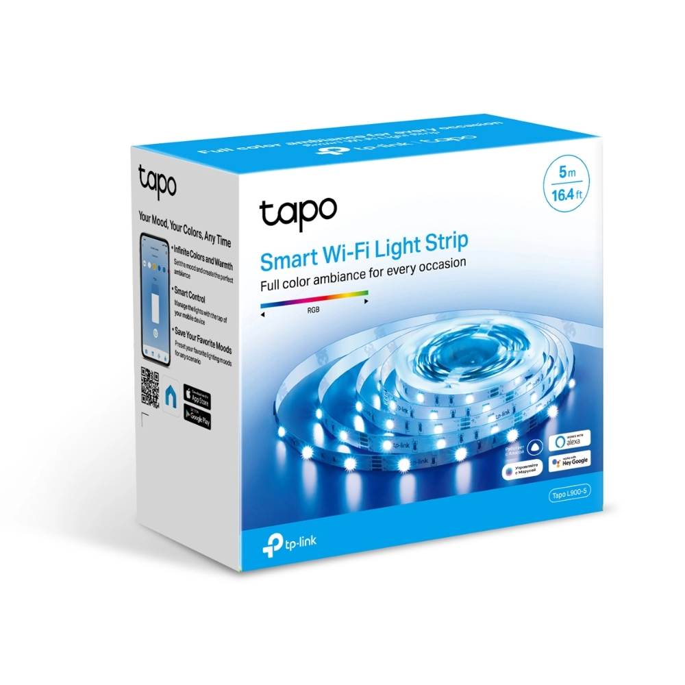 Light Strip  TP-LINK Tapo L900-5, Smart Wi-Fi Light Strip 5m, Multicolor, 2100 mcd, 25000 hours, No IC Chip, One Line One Color, Voice Control, No Hub Required, 3M Peel-and-Stick, Bounce to the music and the lights, Flexible Installation, Schedule & Timer