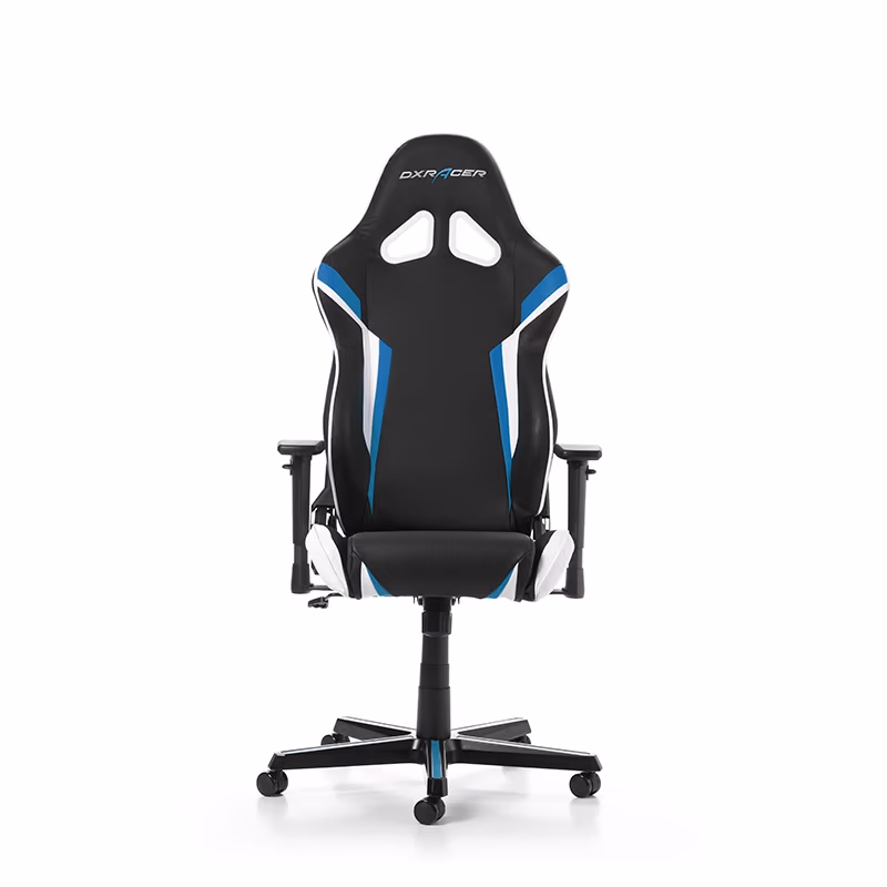Gaming/Office Chair DXRacer Racing GC-R288-NBW-Z1, Black/Blue/White, Premium PU leather + perforated PVC, max weight up to 150kg / height 165-195cm, Recline 90°-135°, 3D Armrests, Head and Lumber cushions, Aluminium wheelbase, 2" PU Caster, W-22.65kg 