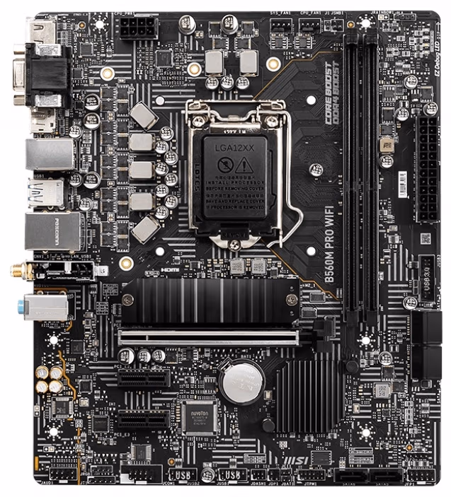 MSI B560M PRO WIFI, Socket 1200, Intel® B560 (11/10th Gen CPU), Dual 2xDDR4-5200, CPU Intel graphics, VGA, HDMI, DP, 1xPCIe X16 4.0, 6xSATA3, 1xM.2 slot, 2xPCIeX1, ALC897 HDA, 1x2.5GbE LAN, WiFi6/BT, 6xUSB3.2, RGB Led, mATX 