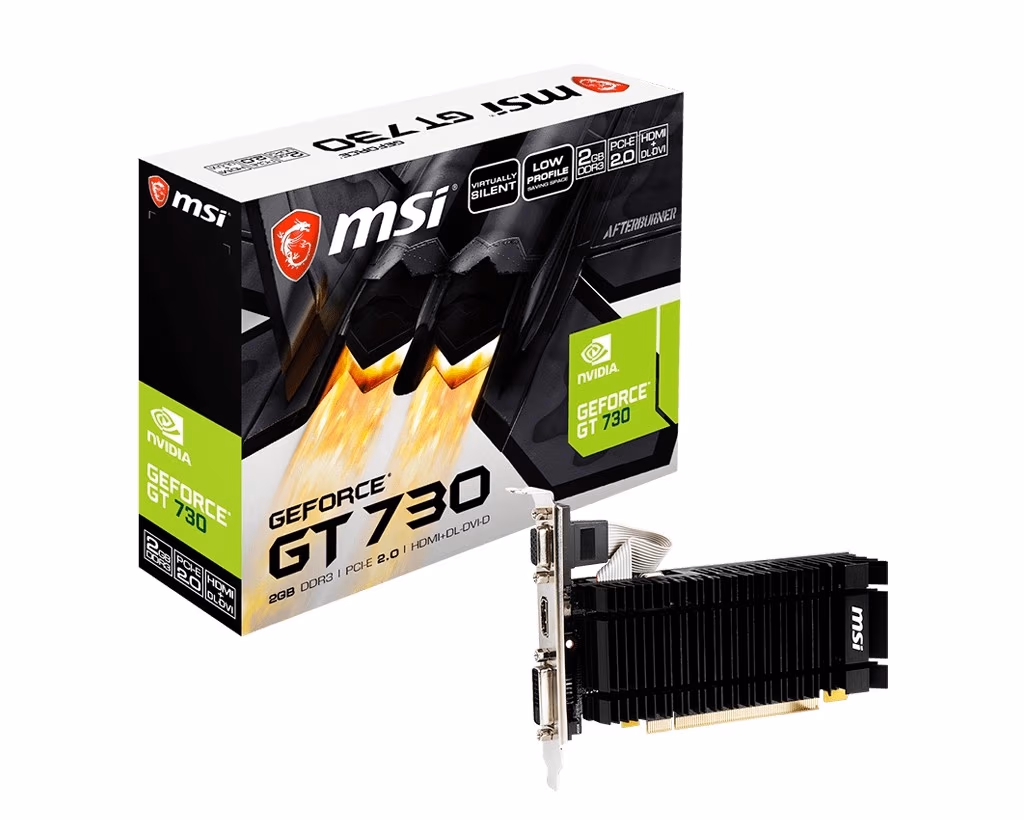 MSI GeForce GT 730 (N730K-2GD3H/LPV1) /  2GB DDR3 64Bit 902/1600Mhz, D-Sub, DVI, HDMI, Fanless, Completely Silent, Low Profile Design, Retail 
