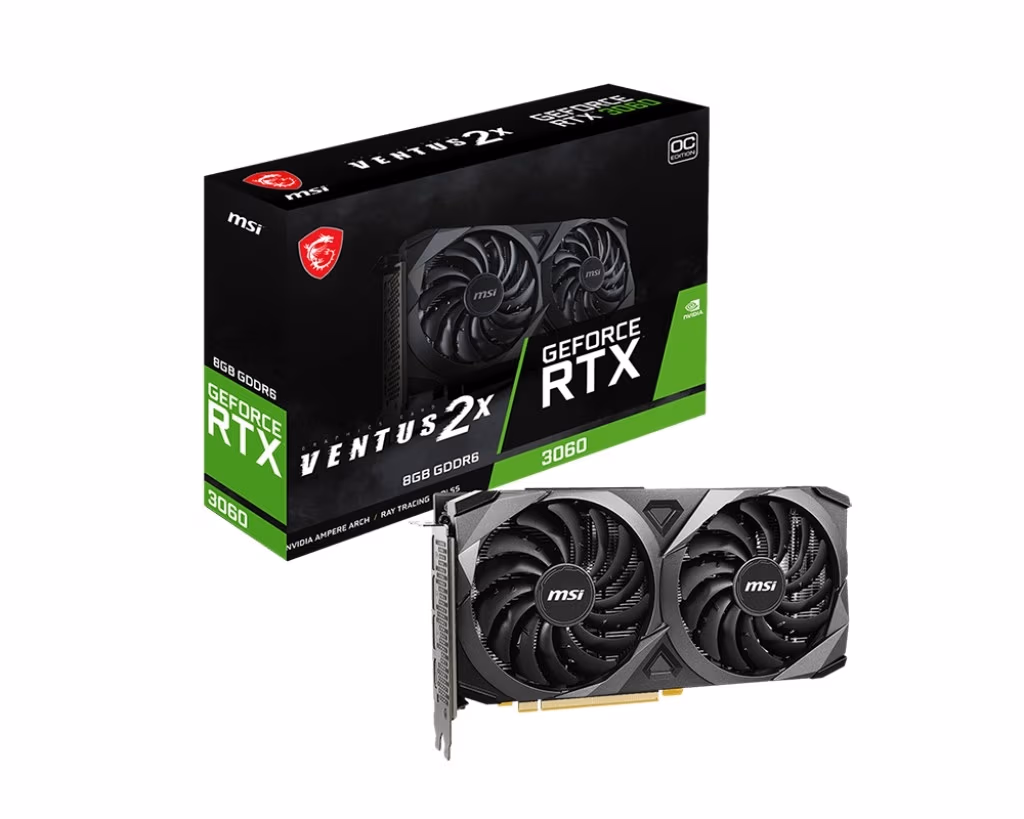 MSI GeForce RTX 3060 VENTUS 2X 8G OC /  8GB GDDR6 128Bit 1807/15000Mhz,  Ampere, PCI-E Gen4, 1xHDMI, 3xDP, Dual Fan Thermal Design: TORX Fan3.0/Zero Frozr/Termal Padding, Tailored PCB Design, Reinforced Backplate, Retail 