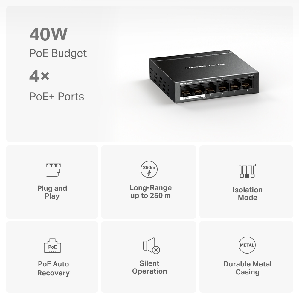 Коммутатор MERCUSYS MS106LP / 6 port / 100Mbps/ RJ45 / PoE / metal case photo 4