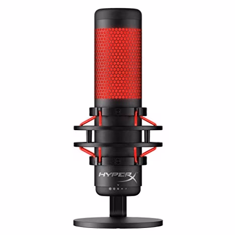 HyperX QuadCast, Black, Microphone for the streaming, Anti-Vibration shock mount, Tap-to-Mute sensor with LED indicator, Four selectable polar patterns, Internal pop filter, Built-in headphone jack, Cable length: 3m, Black/Red, USB 