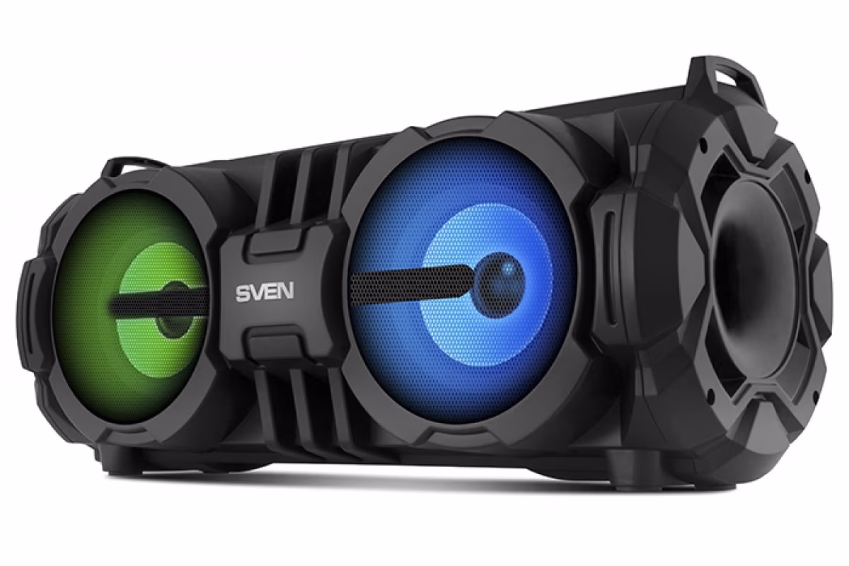 SVEN PS-485 Black, Bluetooth Portable Speaker, 28W RMS, Effective multi-colored lighting, LED display, FM tuner, USB & microSD, built-in lithium battery-2 x 2000 mAh, tracks control, AUX stereo input, Headset mode, micro USB or 5V DC power supply