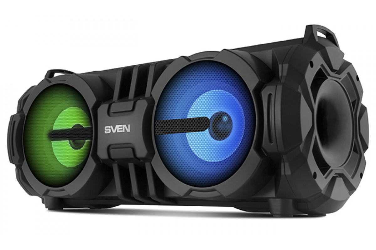 SVEN PS-485 Black, Bluetooth Portable Speaker, 28W RMS, Effective multi-colored lighting, LED display, FM tuner, USB & microSD, built-in lithium battery-2 x 2000 mAh, tracks control, AUX stereo input, Headset mode, micro USB or 5V DC power supply photo 1