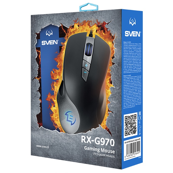 SVEN RX-G970 Gaming, Optical Mouse, 600-4000 dpi, 6+1 buttons (scroll wheel),  DPI switching modes, Two navigation buttons (Forward and Back), RGB backlight, Soft Touch coating, USB, 1.8m, Black photo 5