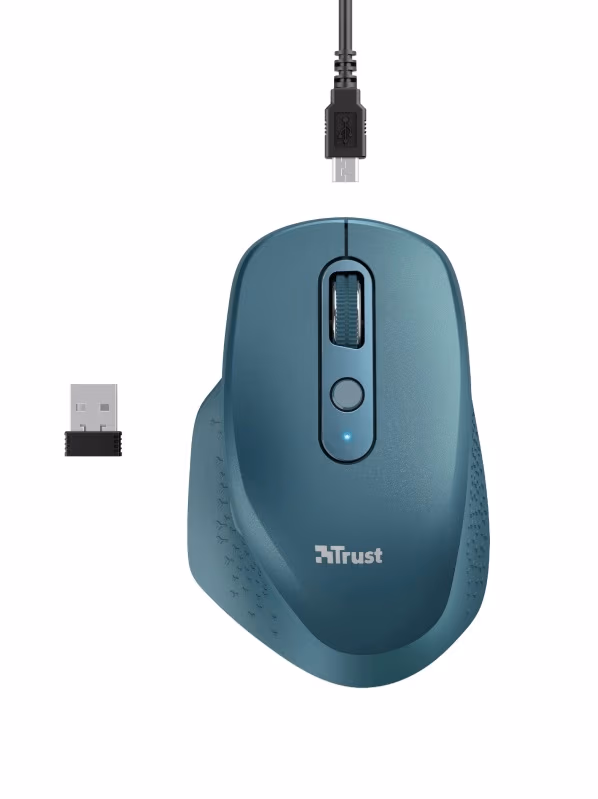 Trust Ozaa Rechargeable Wireless Mouse, Silent Buttons, 2.4GHz, Micro receiver, 800/1200/1600/2400 dpi, 6 button, rechargeable battery up to 40 days, USB, Blue