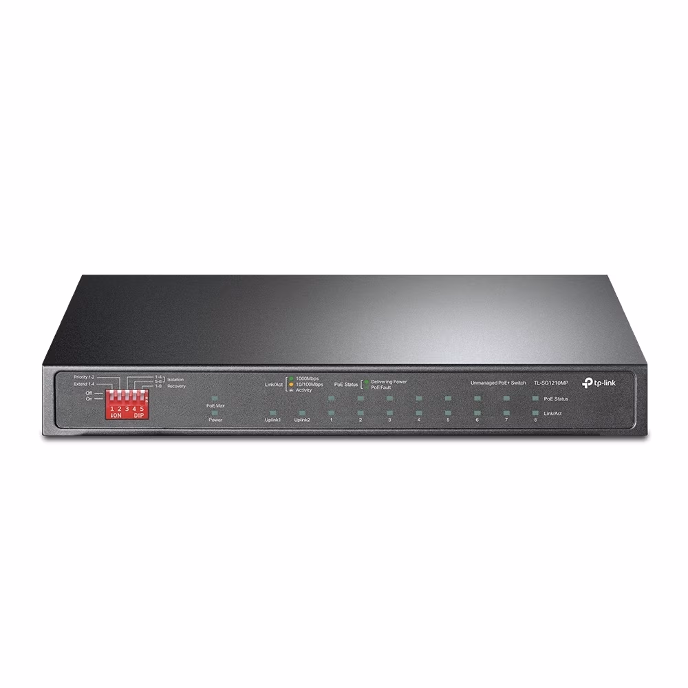 TP-LINK TL-SG1210MP, 10-Port Desktop Gigabit PoE+ Switch, 9 10/100/1000Mbps LAN ports including 1 combo SFP/RJ45 1000 Mbps, 8 ports PoE+ 802.3af/at with Power up to 30W on 1 port, MTU/Port/Tag-based VLAN, QoS, IGMP Snooping