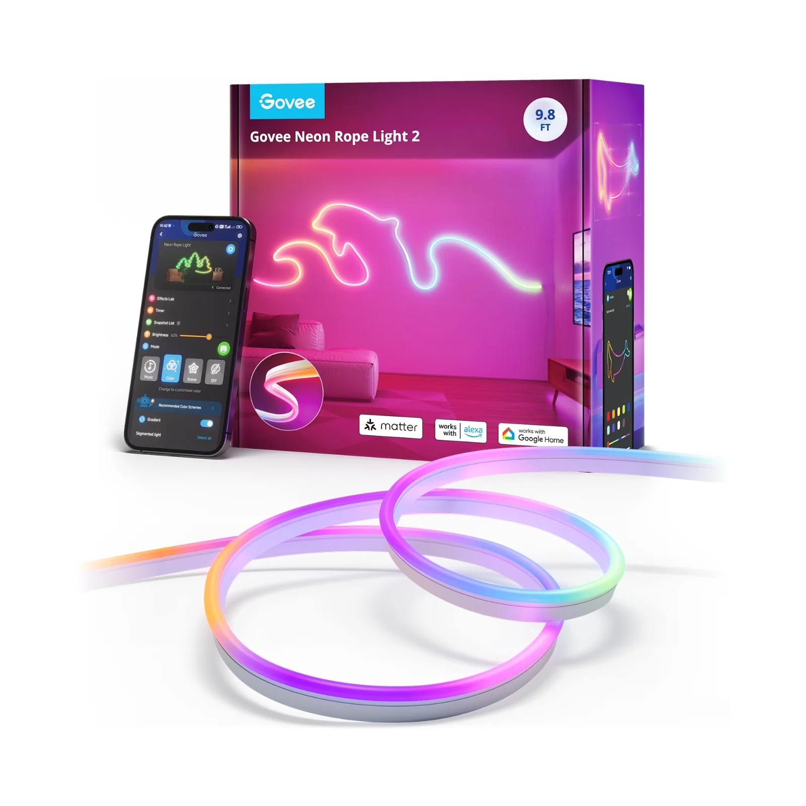 Неоновая веревочная лента GOVEE Neon Rope Strip Ligth 2 / 5m / Multicolor / Wi-Fi + BT / White photo 1