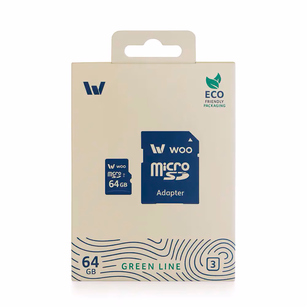 Карта памяти MicroSD+ SD adapter Woo UHS-I (U3) (V30), Green Line, 64 GB