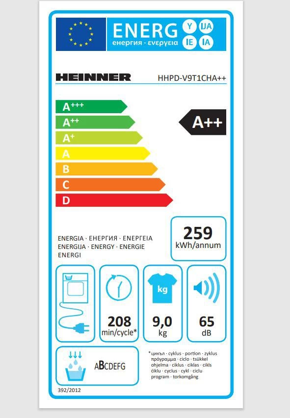 Сушильная машина с тепловым насосом Heinner HHPDV9T1CHA, С тепловым насосом, 9 кг, A++, Белый