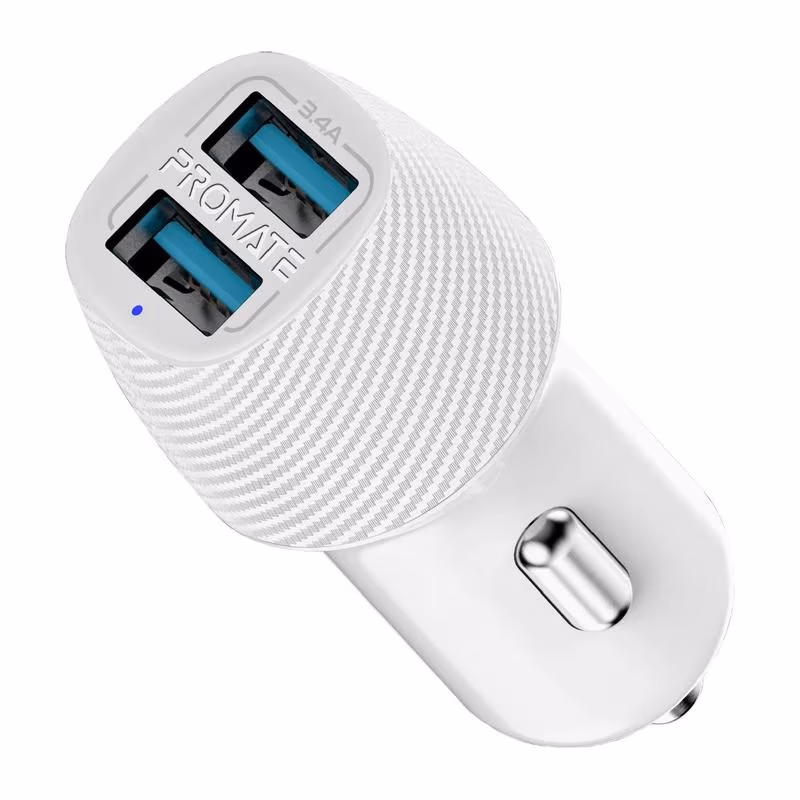 Incarcator auto p/u telefon mobil Promate VolTrip-Duo White 