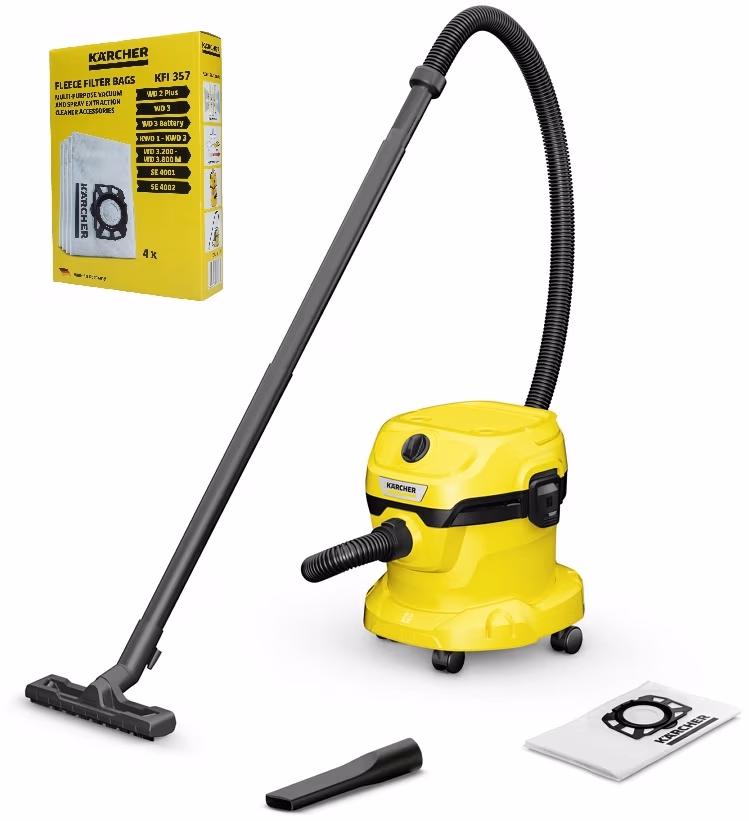 Пылесос моющий и с мешком Karcher WD2PlusV12+Filtru, 1000 Вт, Желтый 