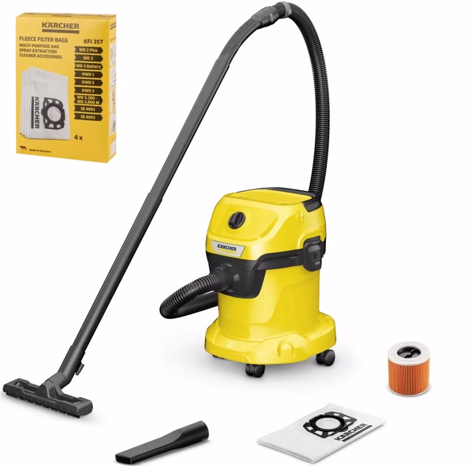 Пылесос моющий и с мешком Karcher WD3V15+Fltru, 1000 Вт, Желтый 