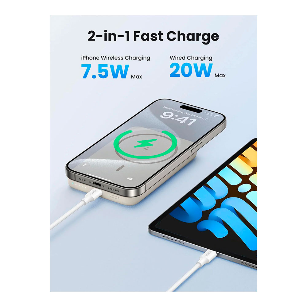 Внешний аккумулятор Ugreen Mini Magnetic Wireless Qi 10000mAh, 20W with cable Type-C, (35341), Beige photo 2