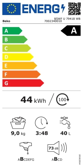 Стиральная машина стандартная Beko B5WFU79418WB, 9 кг, 1400 об/мин, A, Белый