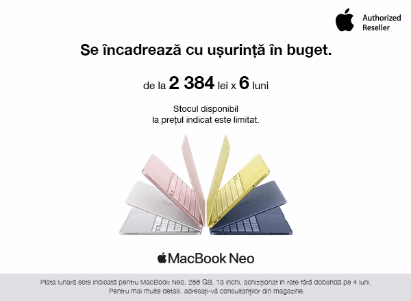 Grăbește-te să cumperi MacBook Neo de la doar 2384 lei/lună, în 6 rate cu 0% dobândă