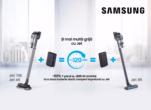 Cumpără un aspirator fără fir Samsung și primești 50% reducere la acumulator!