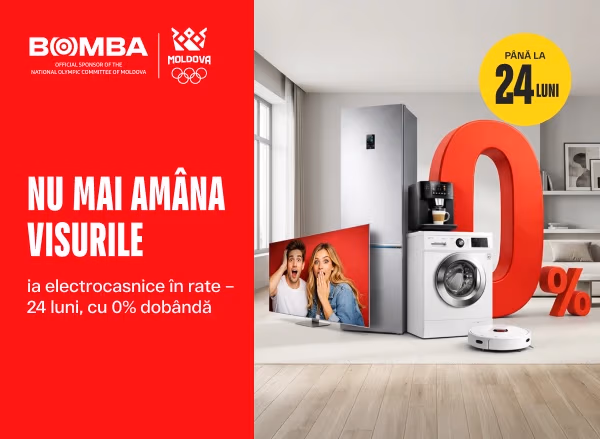 Toată luna februarie, la BOMBA, beneficiați de rate cu 0% până la 24 de luni Toată luna februarie, la BOMBA, beneficiați de rate cu 0% până la 24 de luni