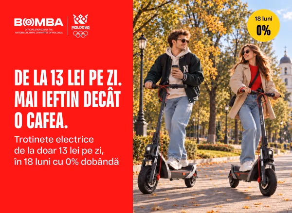Trotinete electrice mai ieftine decât o cafea — de la 13 lei pe zi, în 18 rate cu 0% dobândă!