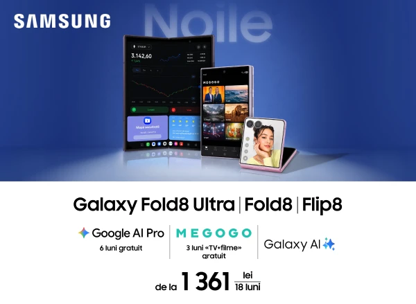 Noile Galaxy Fold8 Ultra, Fold8 și Flip8 — de la 1361 lei pe lună, în 18 rate cu 0% dobândă!