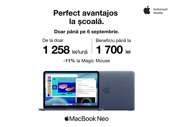  Alege un MacBook Neo de la 1258 lei pe lună, în 12 rate cu 0% — perfect pentru studii și la un preț avantajos