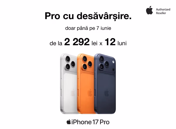 Alege noul iPhone 17 Pro: de la doar 2292 lei pe lună, în 12 rate fără dobândă 