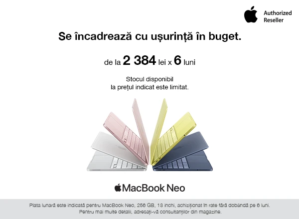 Grăbește-te să cumperi MacBook Neo de la doar 2384 lei/lună, în 6 rate cu 0% dobândă