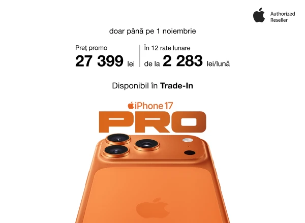 Alege iPhone 17 Pro pe care ți-l dorești — de la 2283 lei pe lună, în 12 rate cu 0% dobândă!