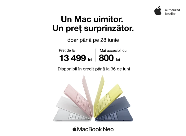 Descoperă noul MacBook Neo — acum de la doar 13 499 lei
