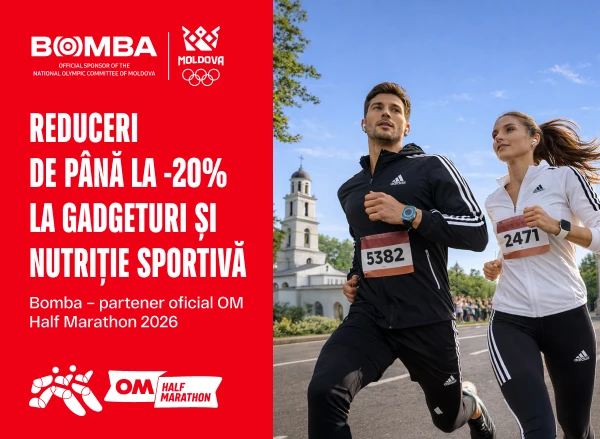 Doar pentru participanții OM Half Marathon 2026 — reduceri de până la 20% la gadgeturi și nutriție sportivă în magazinele fizice BOMBA